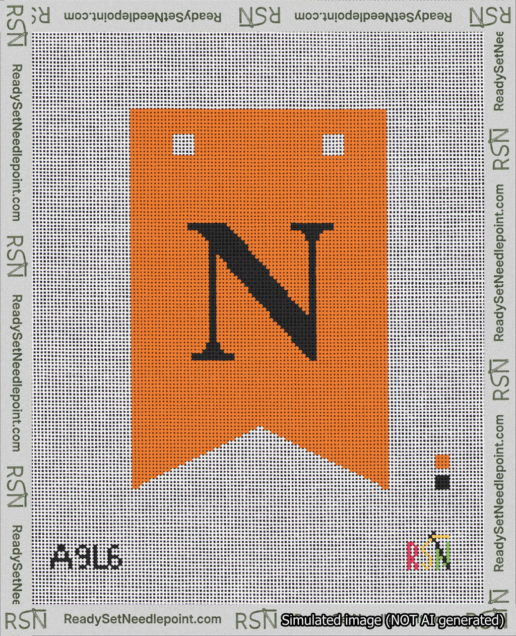 A taped needlepoint canvas with the design: Banner 18 mesh count Forked N Black on Orange.