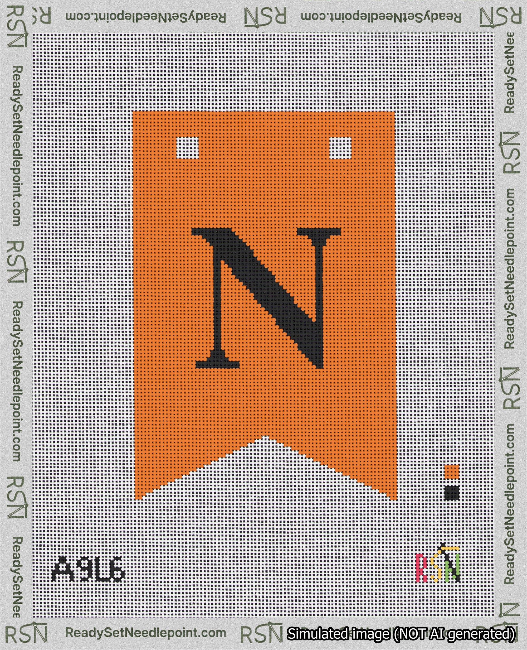 A taped needlepoint canvas with the design: Banner 18 mesh count Forked N Black on Orange.