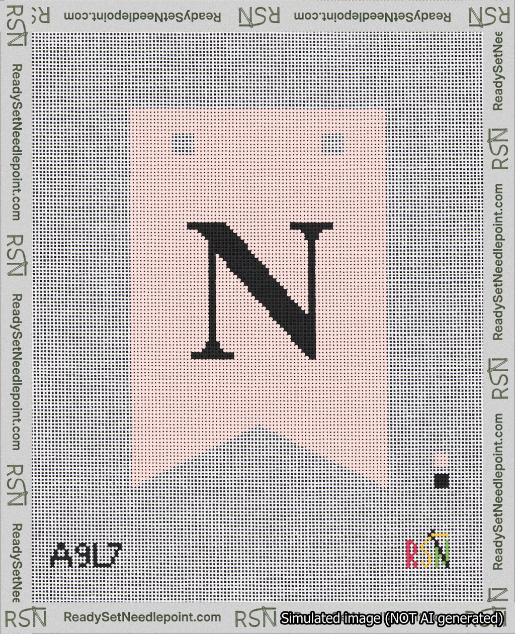 A taped needlepoint canvas with the design: Banner 18 mesh count Forked N Black on Pink.