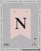 A taped needlepoint canvas with the design: Banner 18 mesh count Forked N Black on Pink.