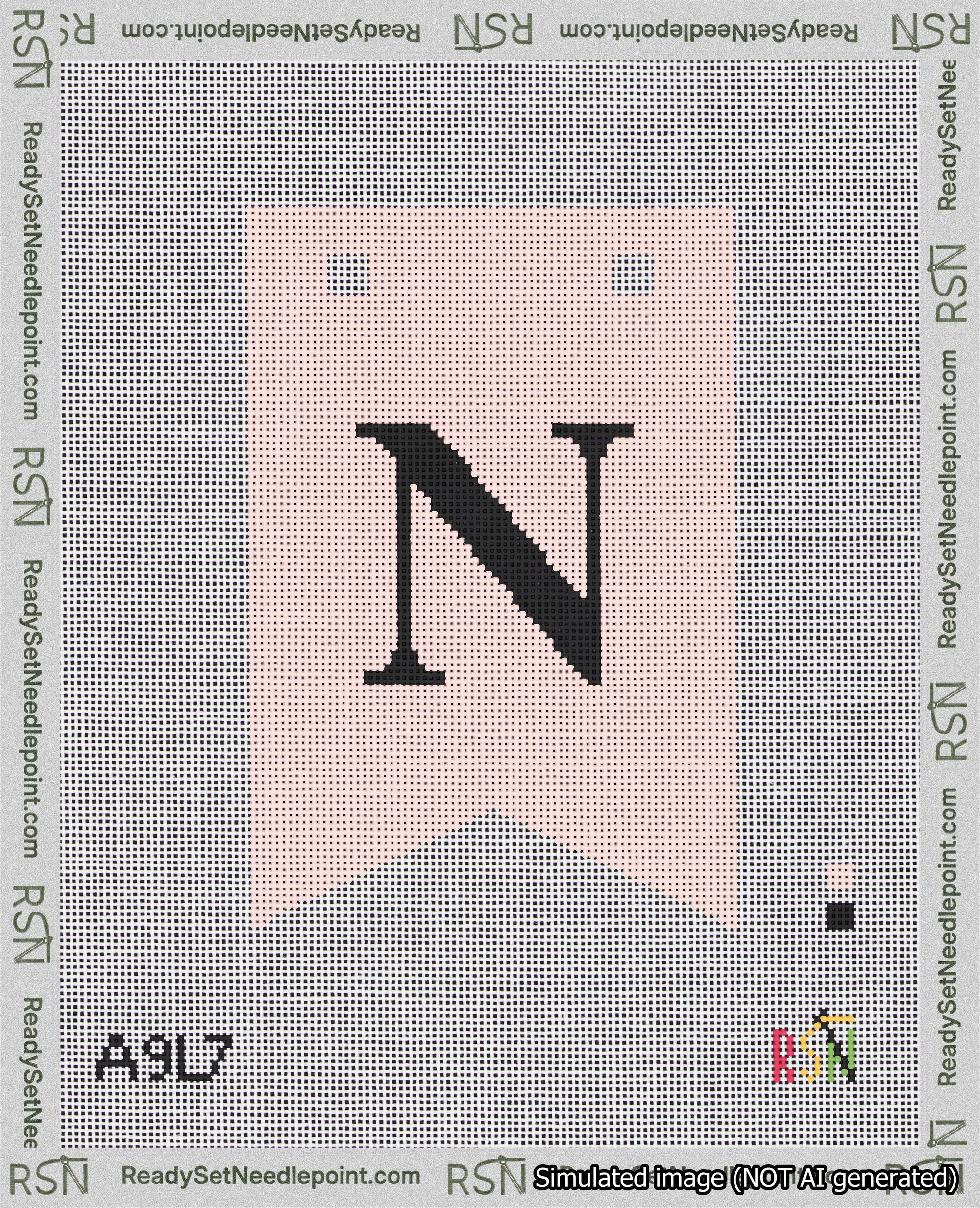 A taped needlepoint canvas with the design: Banner 18 mesh count Forked N Black on Pink.
