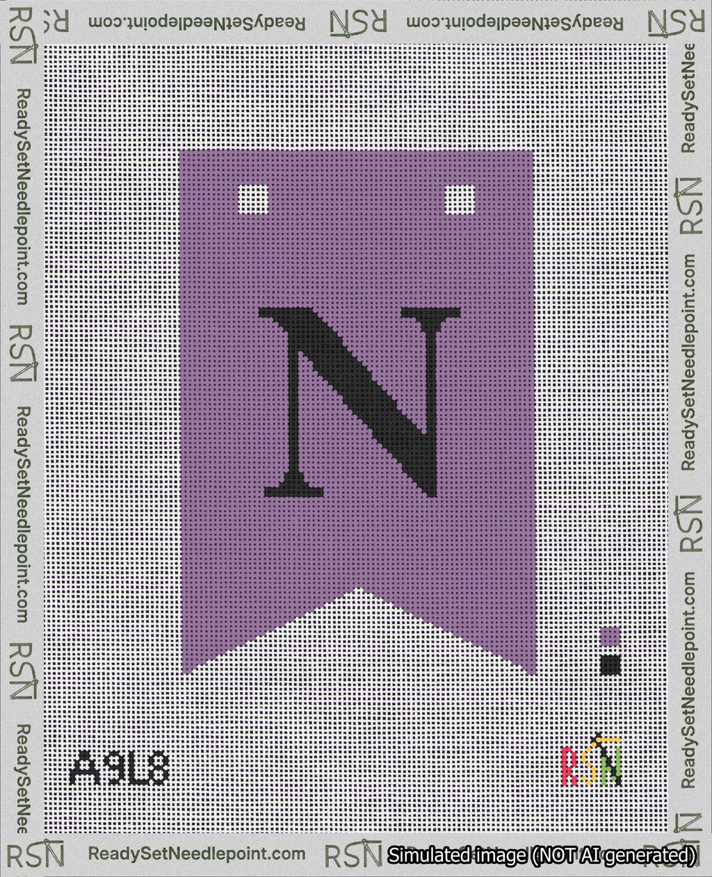 A taped needlepoint canvas with the design: Banner 18 mesh count Forked N Black on Purple.