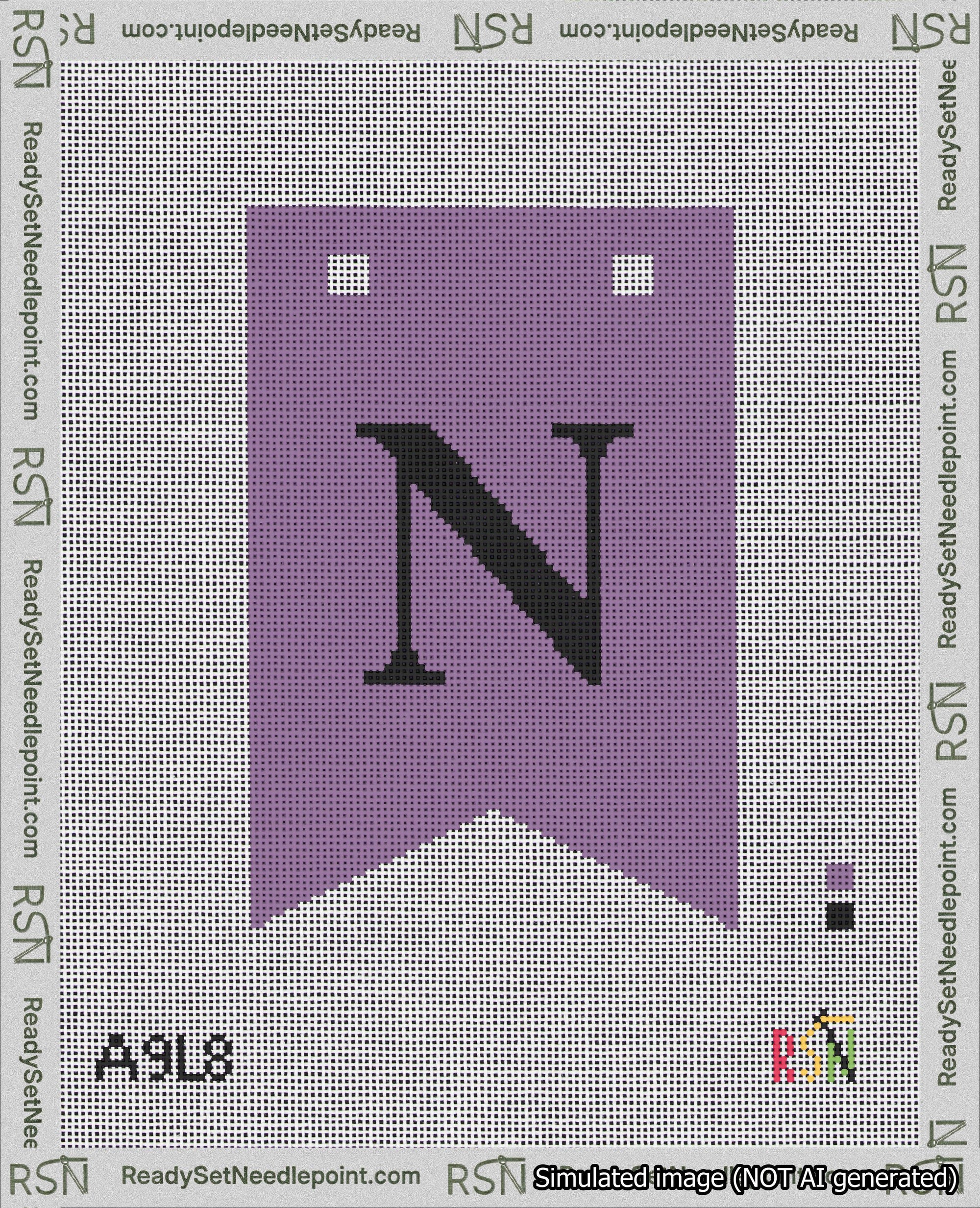 A taped needlepoint canvas with the design: Banner 18 mesh count Forked N Black on Purple.