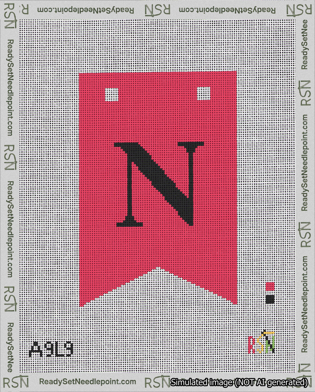 A taped needlepoint canvas with the design: Banner 18 mesh count Forked N Black on Red.