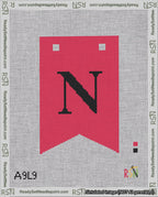 A taped needlepoint canvas with the design: Banner 18 mesh count Forked N Black on Red.