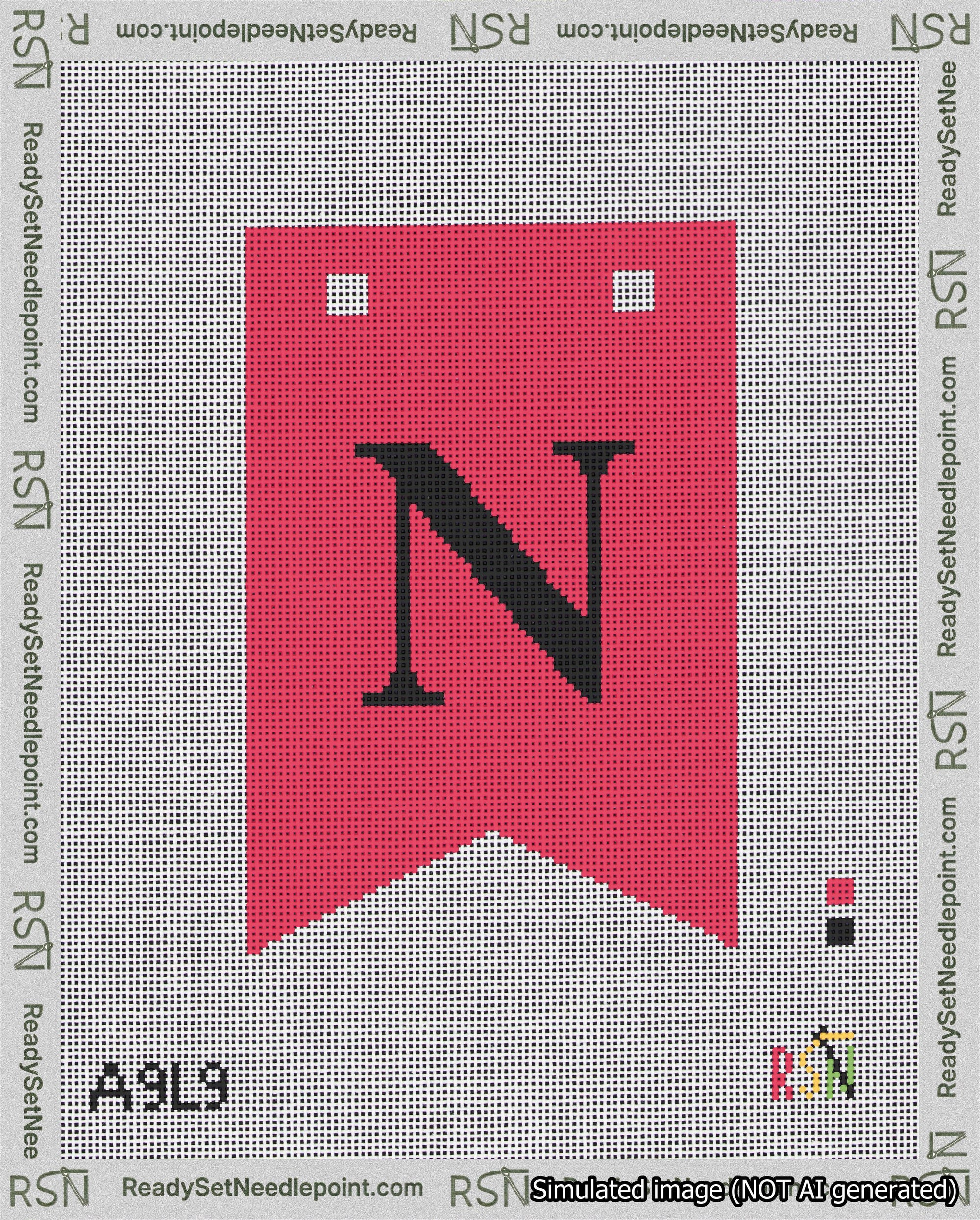 A taped needlepoint canvas with the design: Banner 18 mesh count Forked N Black on Red.