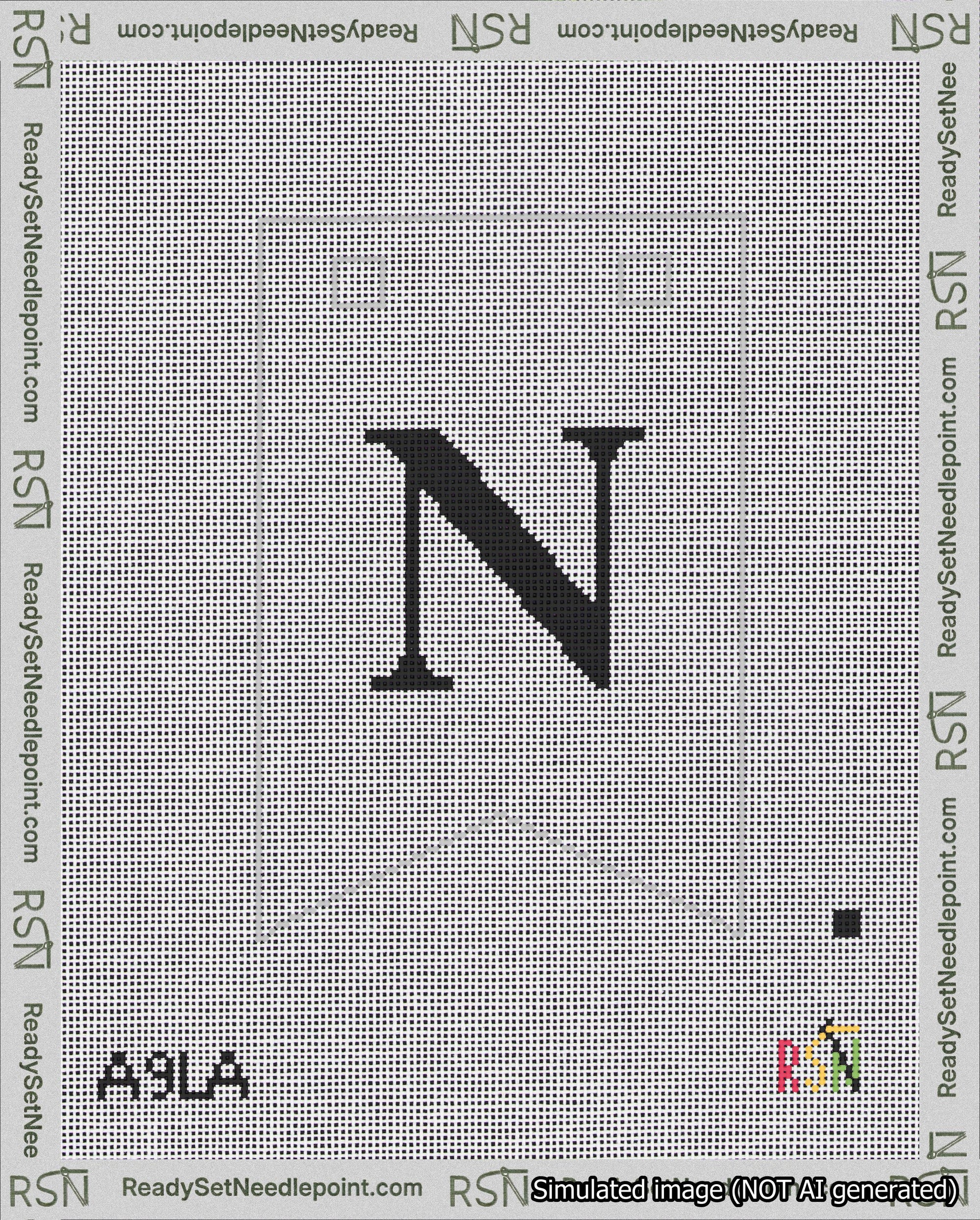 A taped needlepoint canvas with the design: Banner 18 mesh count Forked N Black on White.