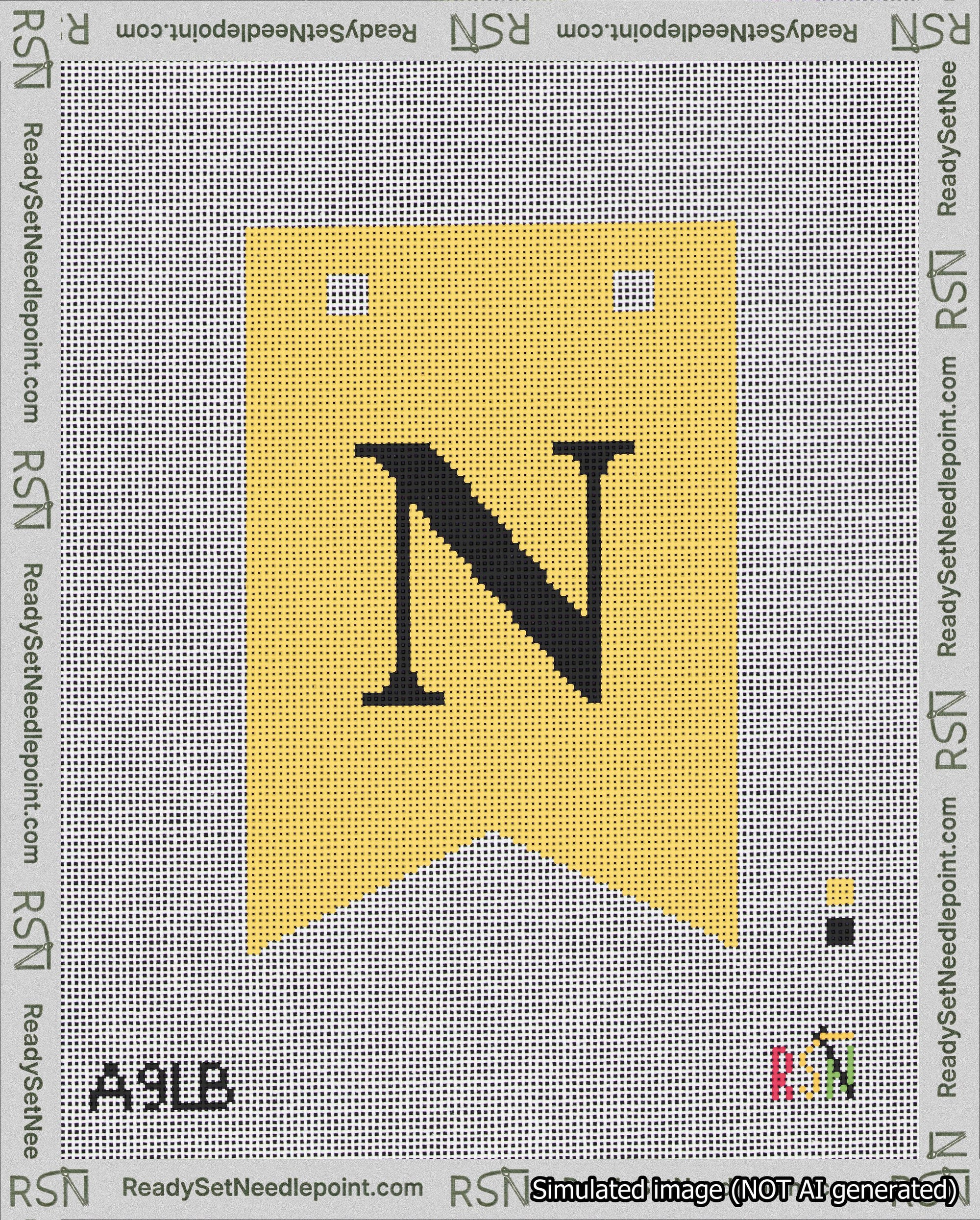 A taped needlepoint canvas with the design: Banner 18 mesh count Forked N Black on Yellow.