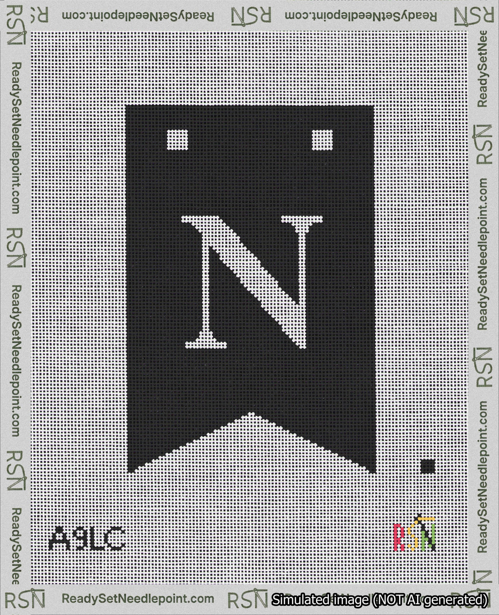 A taped needlepoint canvas with the design: Banner 18 mesh count Forked N White on Black.