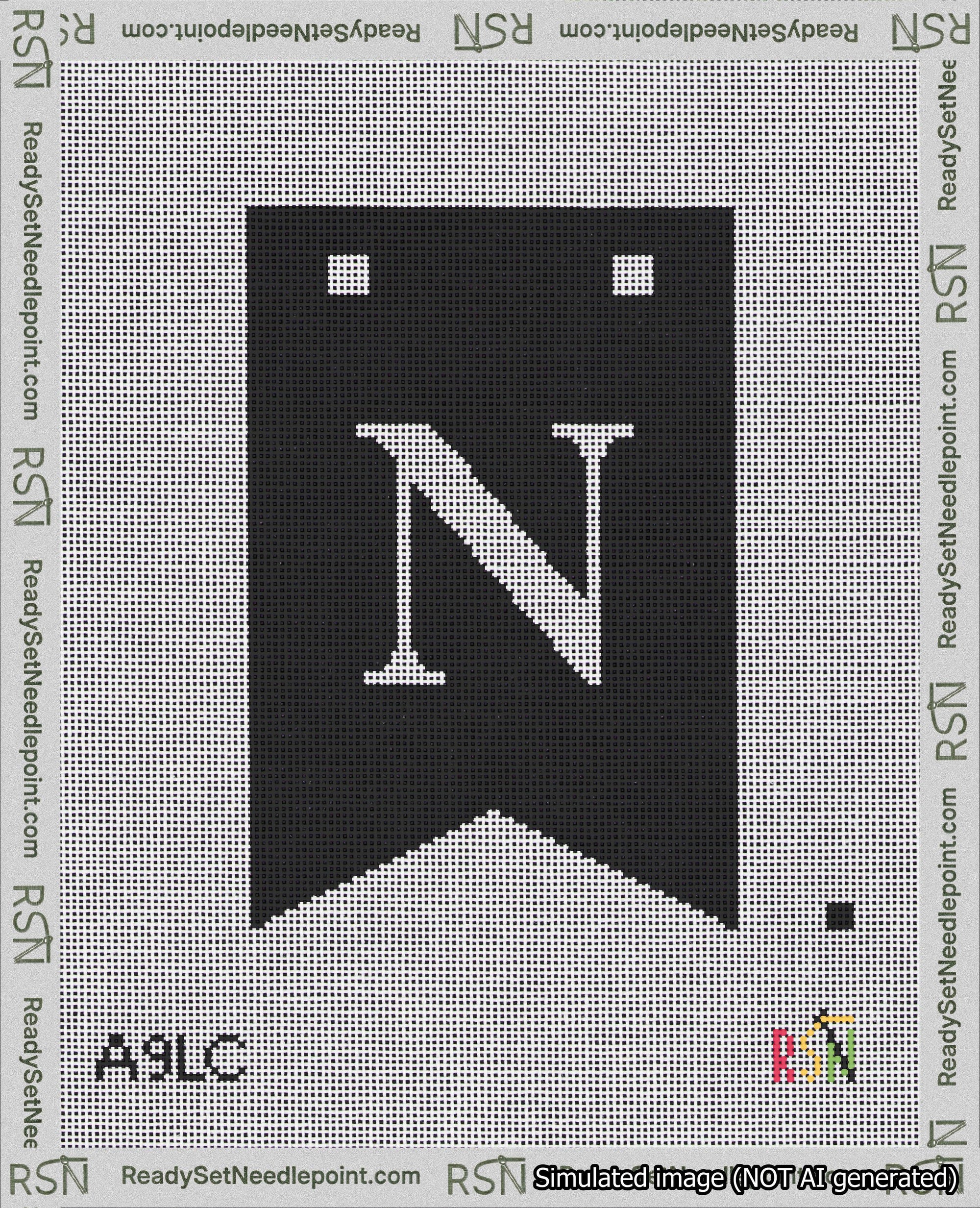 A taped needlepoint canvas with the design: Banner 18 mesh count Forked N White on Black.