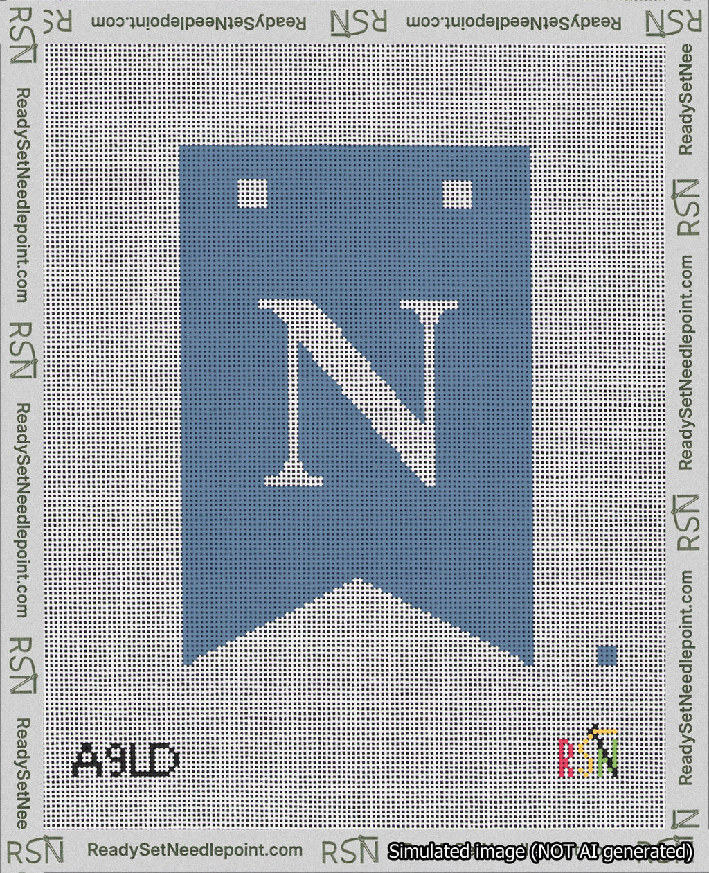 A taped needlepoint canvas with the design: Banner 18 mesh count Forked N White on Blue.