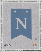 A taped needlepoint canvas with the design: Banner 18 mesh count Forked N White on Blue.