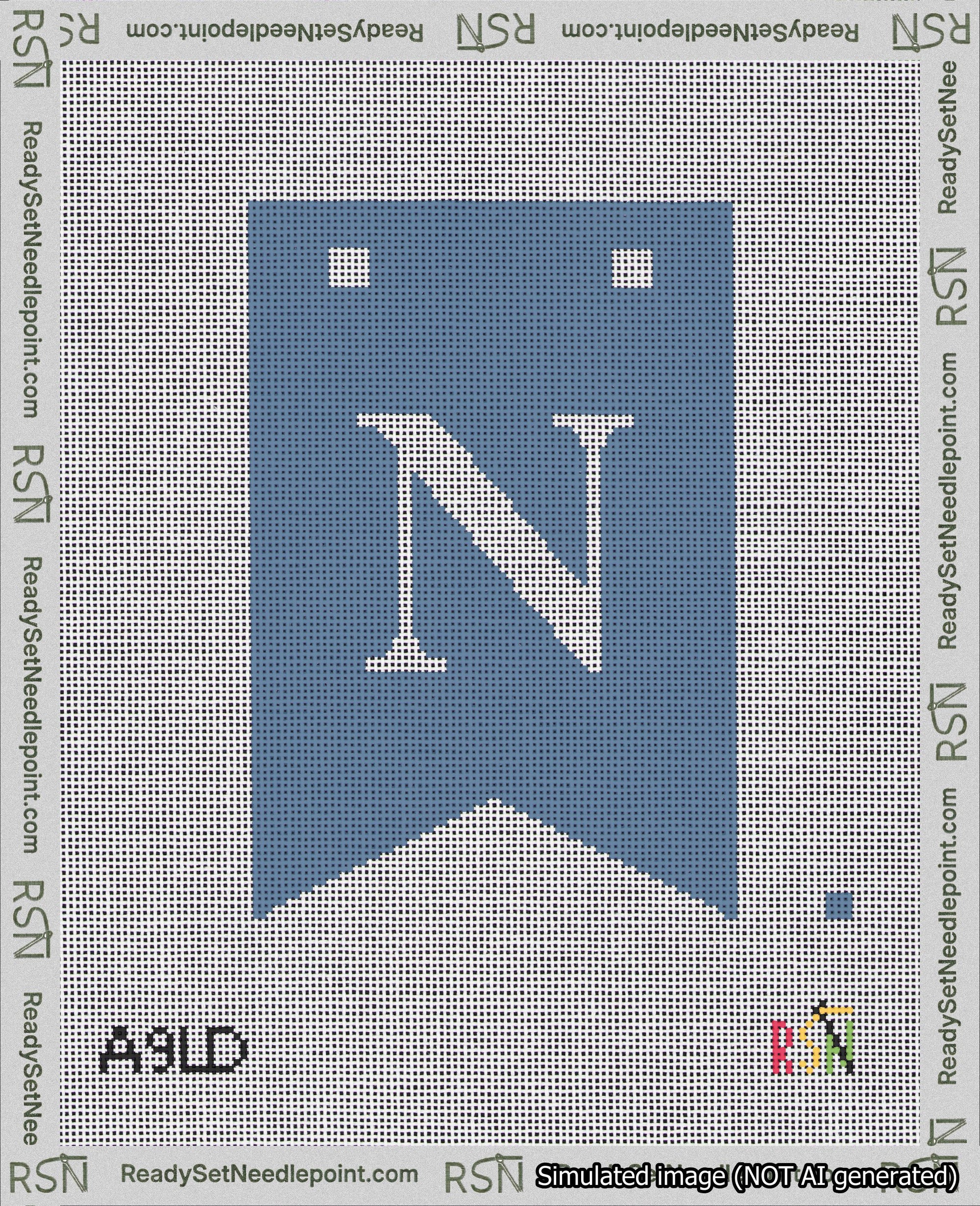 A taped needlepoint canvas with the design: Banner 18 mesh count Forked N White on Blue.