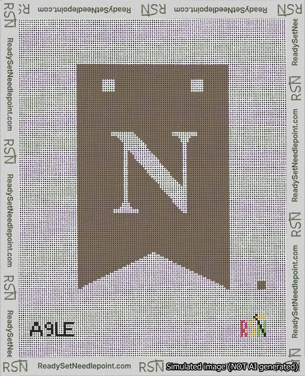 A taped needlepoint canvas with the design: Banner 18 mesh count Forked N White on Brown.