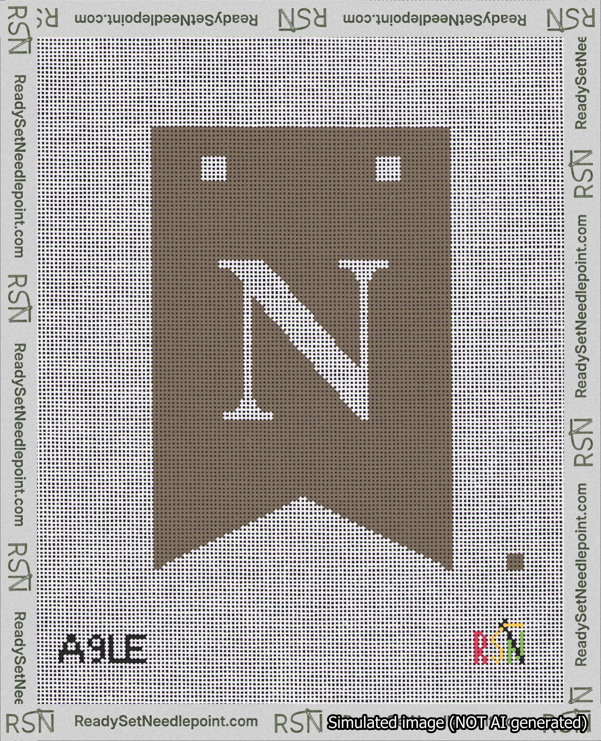 A taped needlepoint canvas with the design: Banner 18 mesh count Forked N White on Brown.