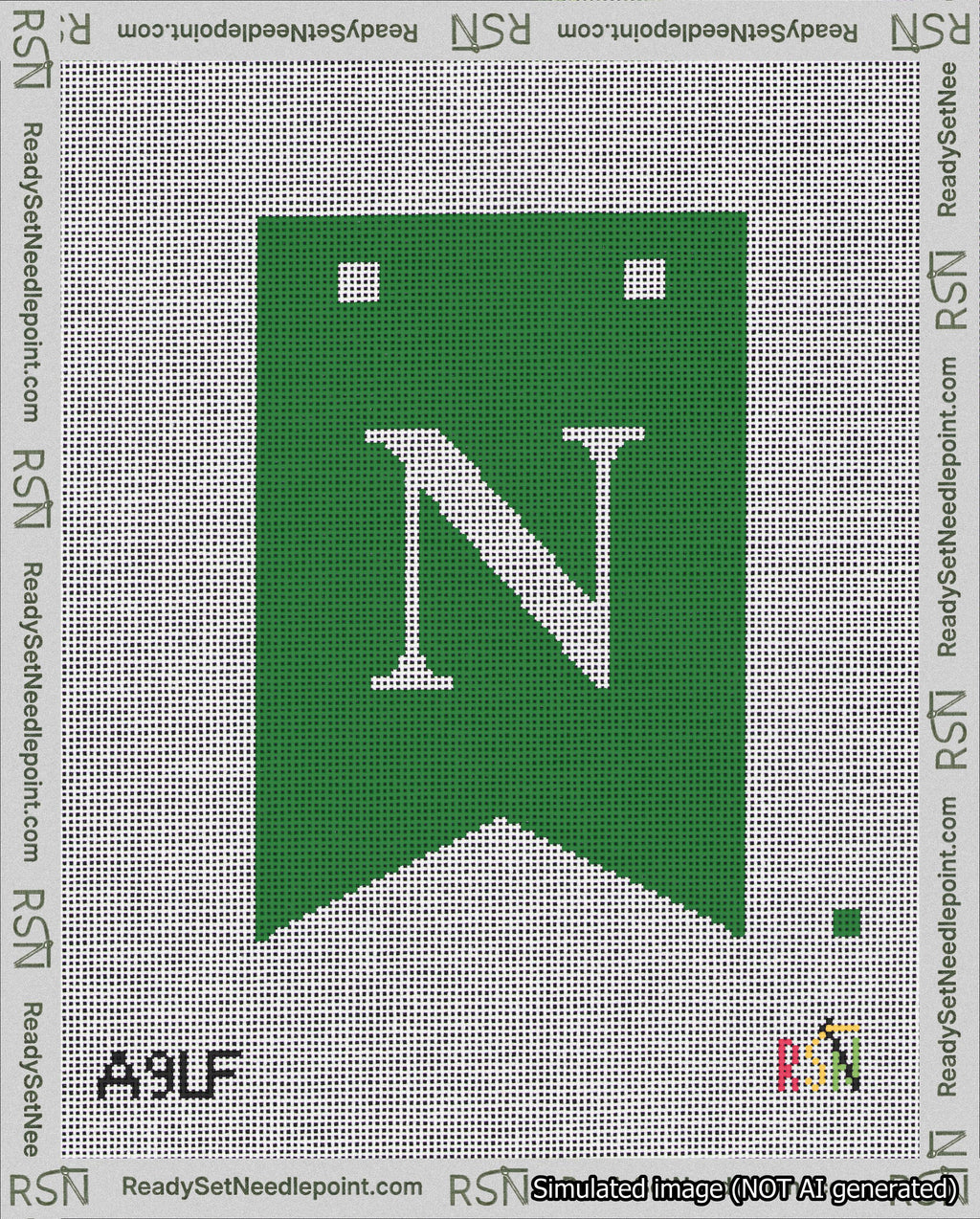 A taped needlepoint canvas with the design: Banner 18 mesh count Forked N White on Green.