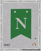A taped needlepoint canvas with the design: Banner 18 mesh count Forked N White on Green.