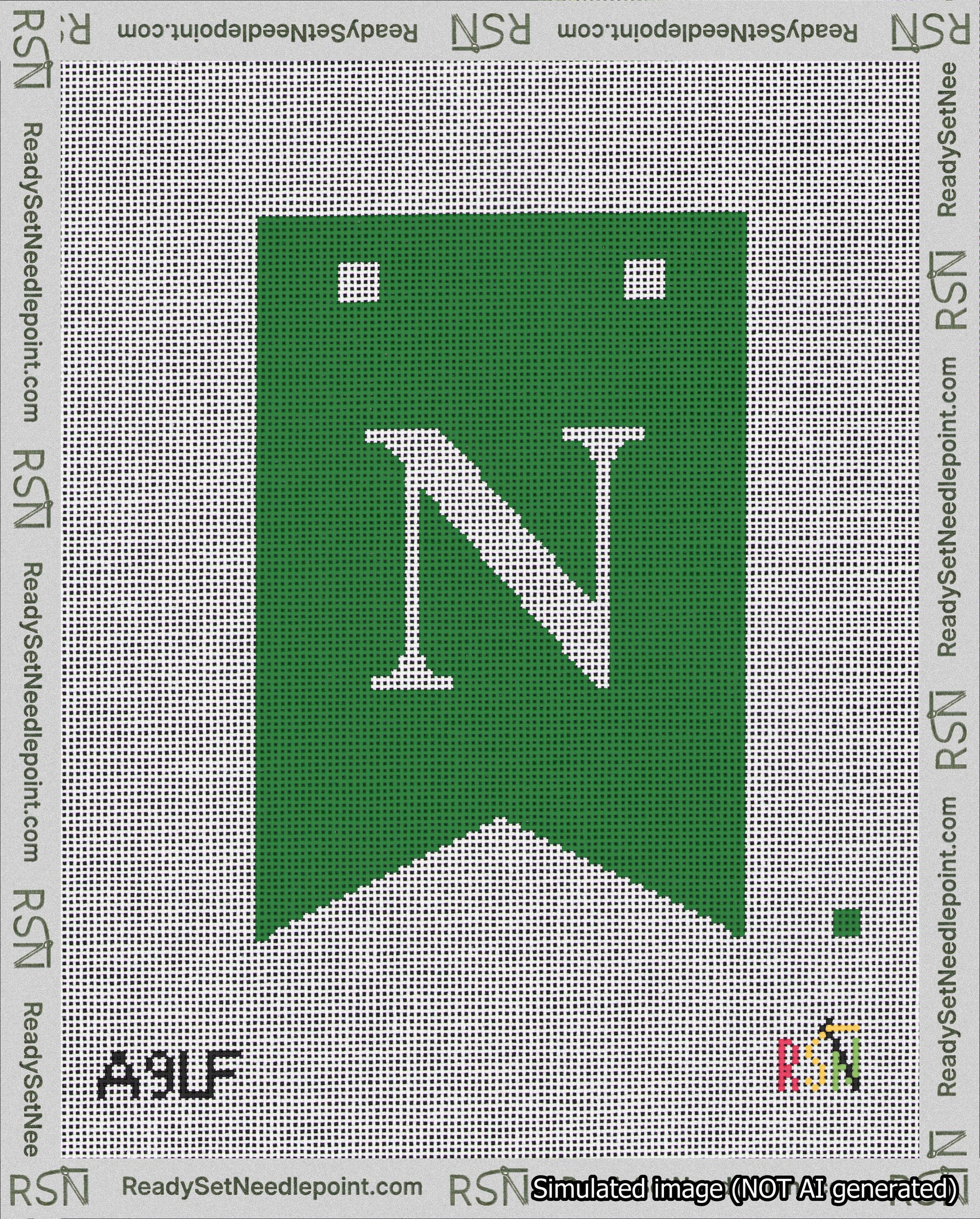 A taped needlepoint canvas with the design: Banner 18 mesh count Forked N White on Green.