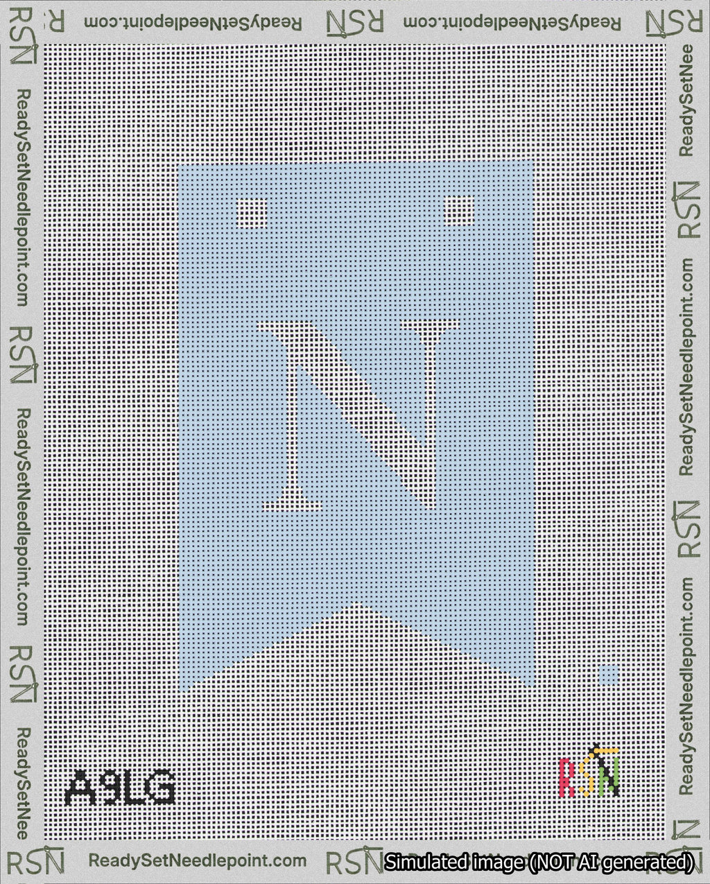 A taped needlepoint canvas with the design: Banner 18 mesh count Forked N White on Light Blue.