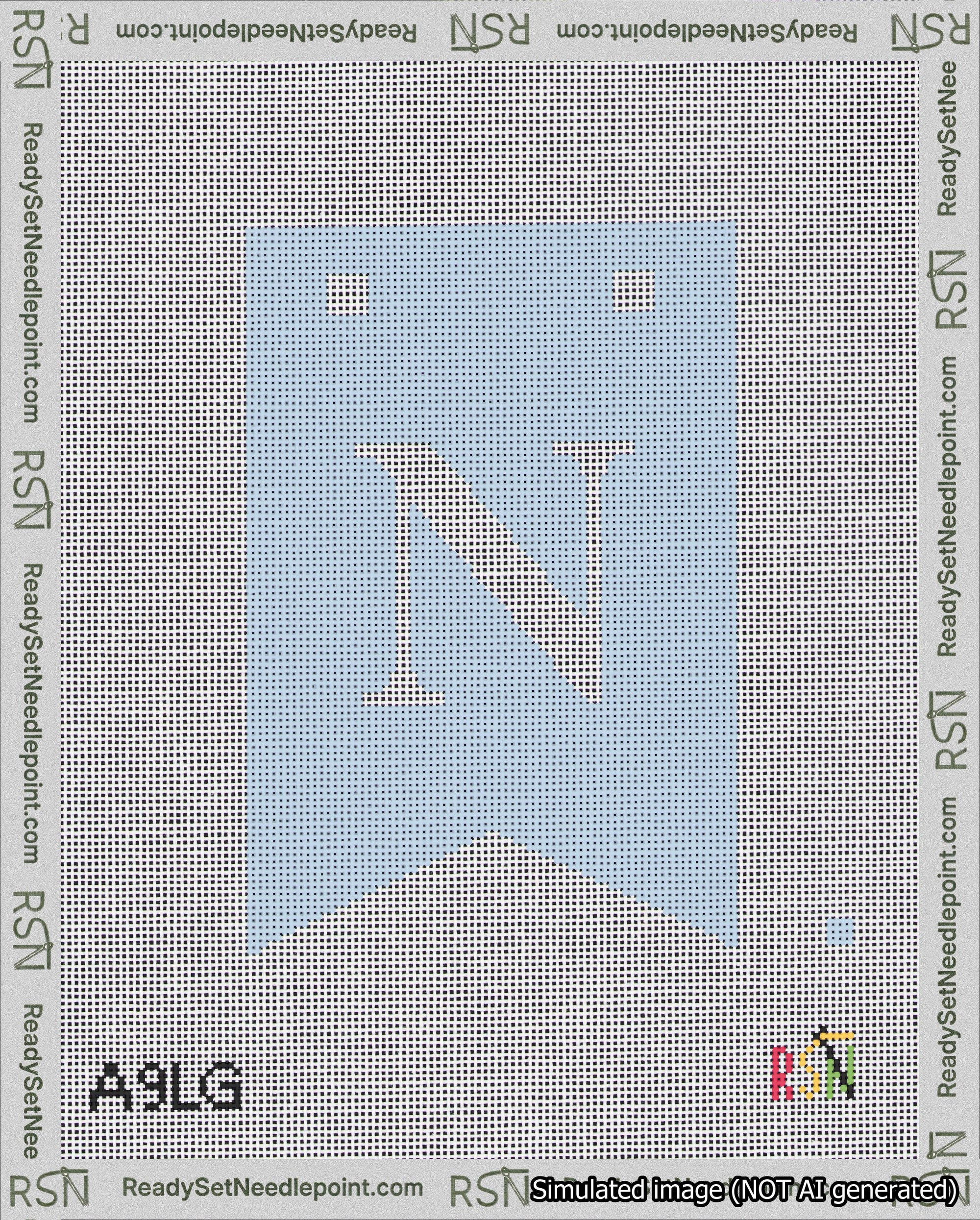 A taped needlepoint canvas with the design: Banner 18 mesh count Forked N White on Light Blue.