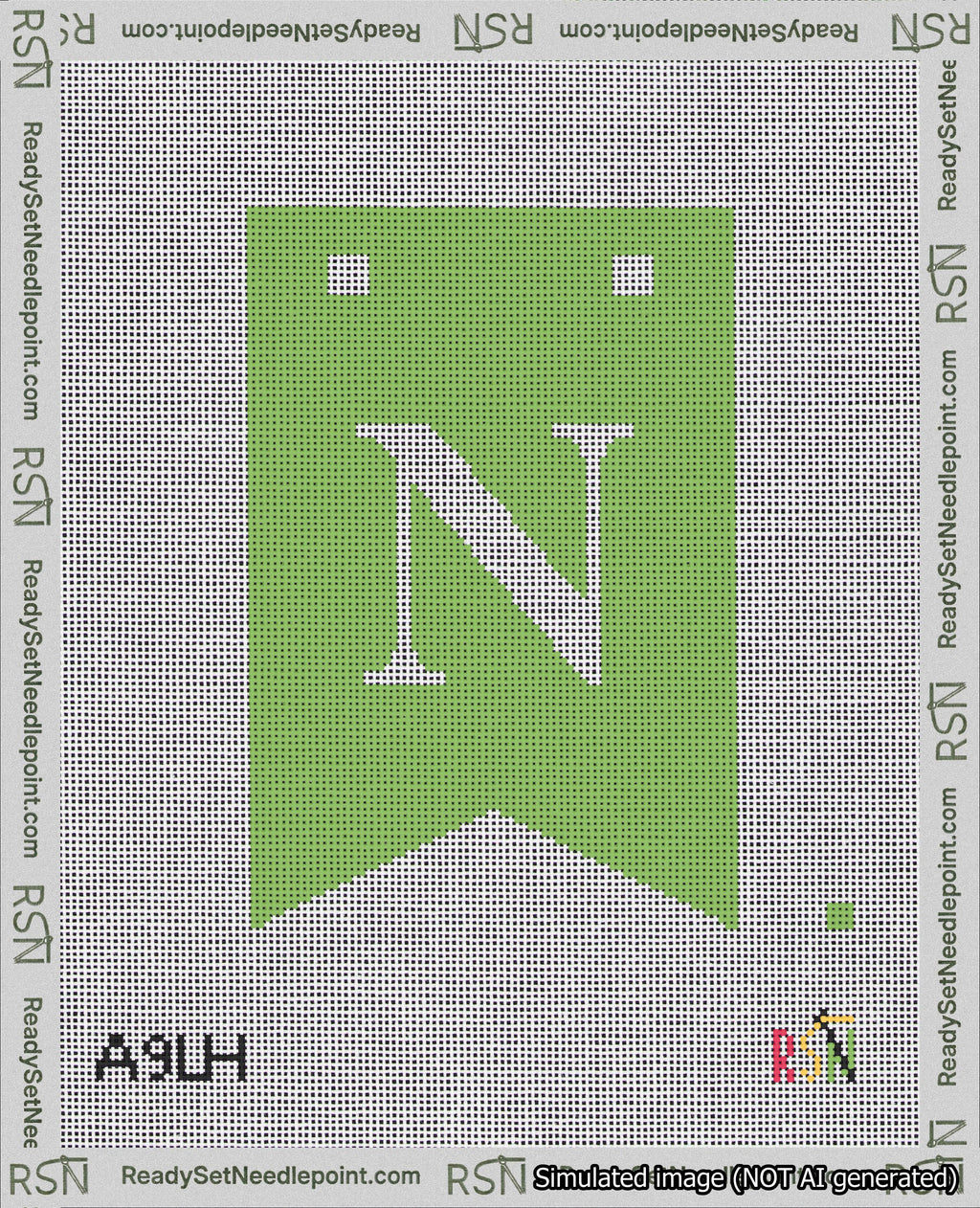A taped needlepoint canvas with the design: Banner 18 mesh count Forked N White on Light Green.