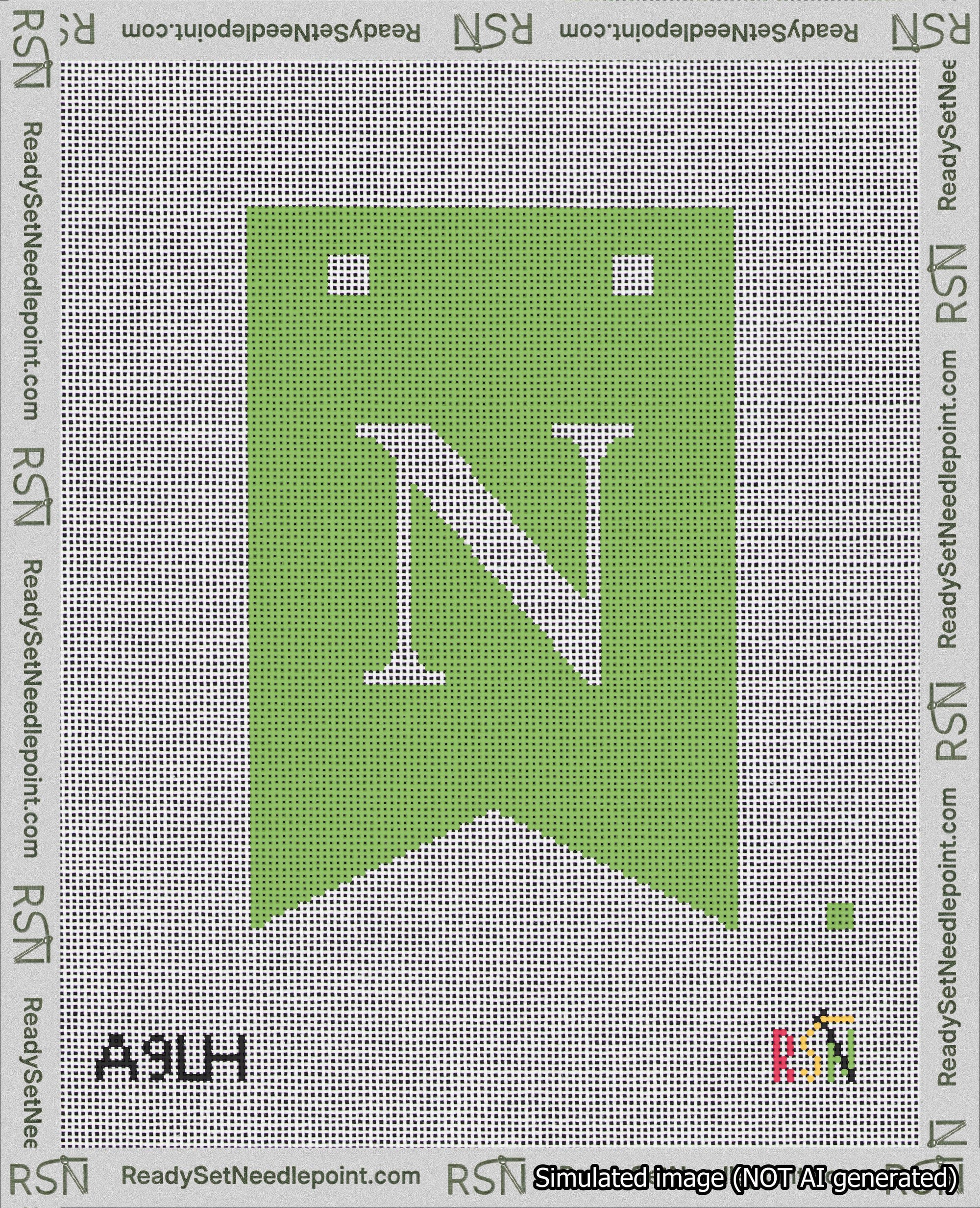 A taped needlepoint canvas with the design: Banner 18 mesh count Forked N White on Light Green.