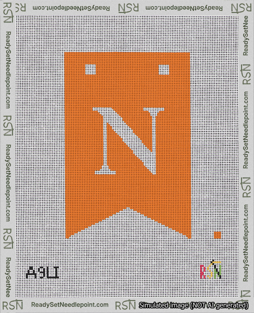 A taped needlepoint canvas with the design: Banner 18 mesh count Forked N White on Orange.