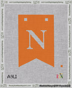 A taped needlepoint canvas with the design: Banner 18 mesh count Forked N White on Orange.