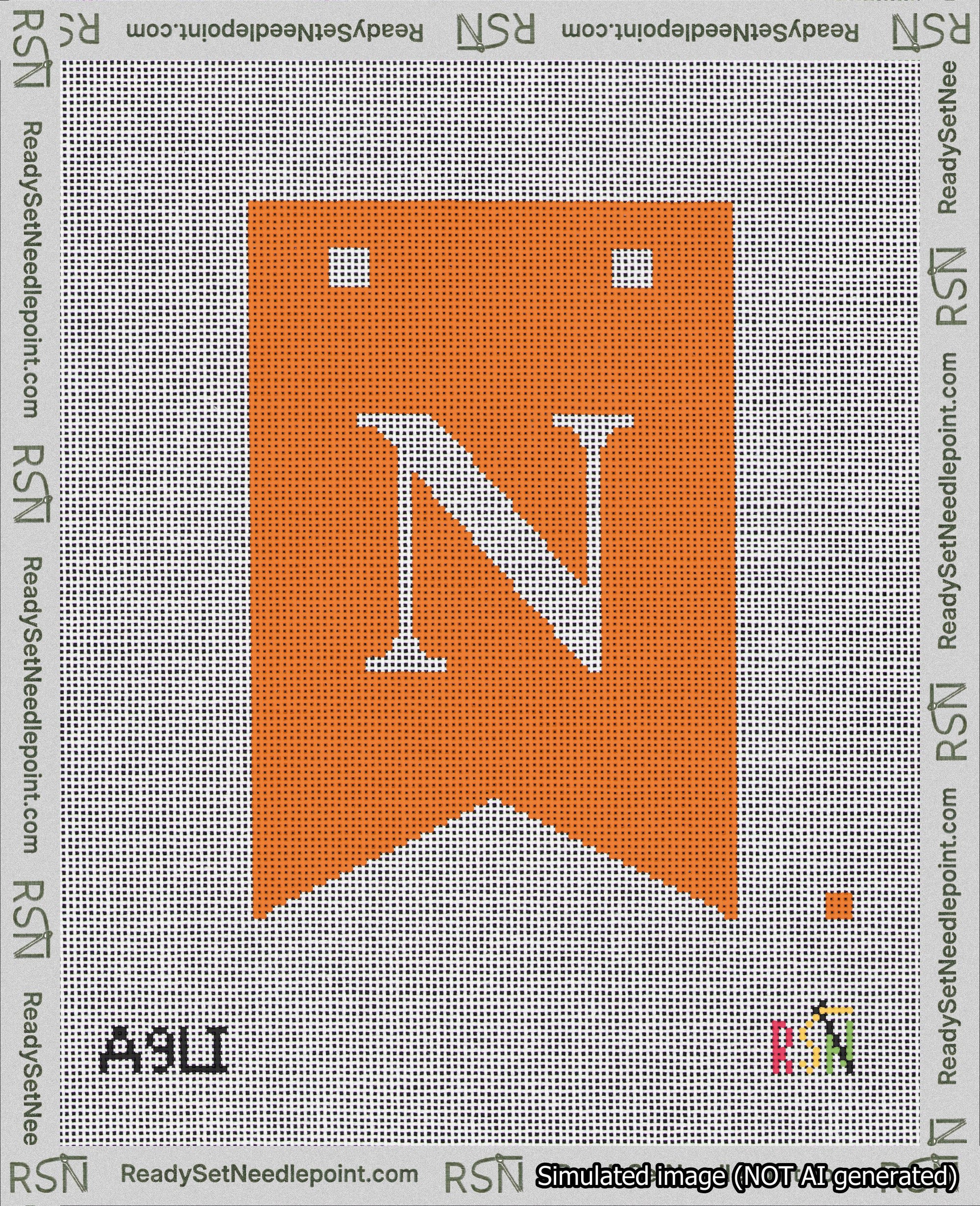 A taped needlepoint canvas with the design: Banner 18 mesh count Forked N White on Orange.