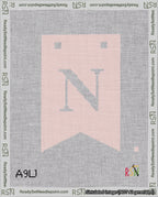 A taped needlepoint canvas with the design: Banner 18 mesh count Forked N White on Pink.