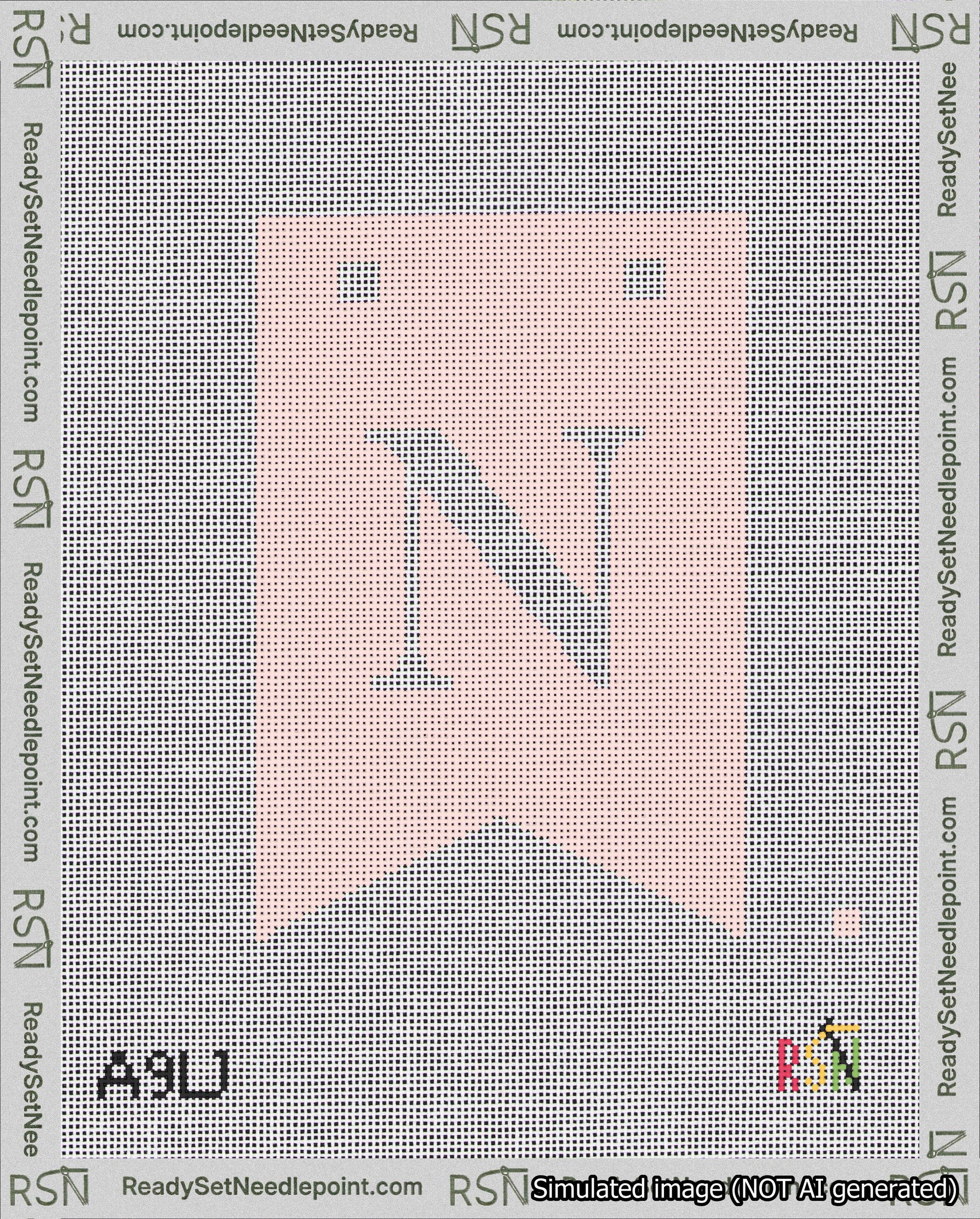 A taped needlepoint canvas with the design: Banner 18 mesh count Forked N White on Pink.