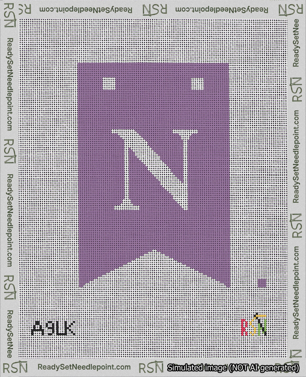 A taped needlepoint canvas with the design: Banner 18 mesh count Forked N White on Purple.