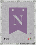 A taped needlepoint canvas with the design: Banner 18 mesh count Forked N White on Purple.