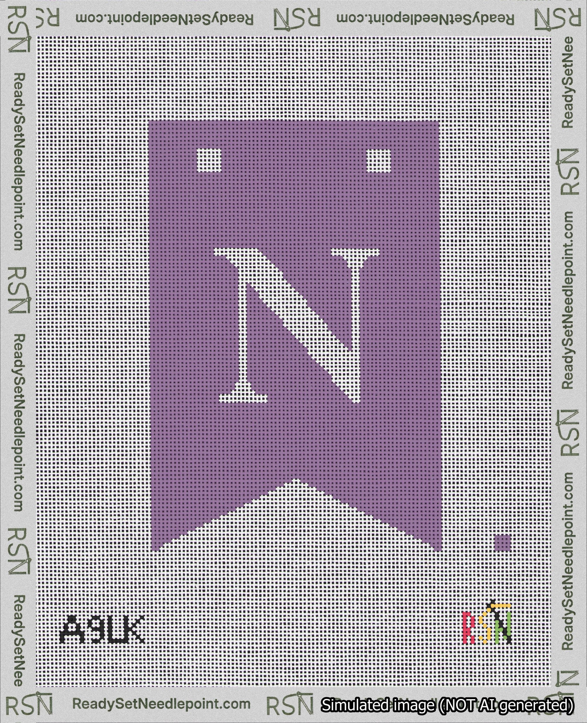 A taped needlepoint canvas with the design: Banner 18 mesh count Forked N White on Purple.