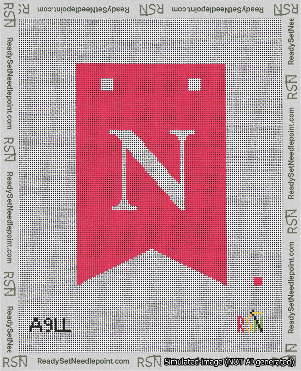 A taped needlepoint canvas with the design: Banner 18 mesh count Forked N White on Red.