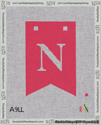 A taped needlepoint canvas with the design: Banner 18 mesh count Forked N White on Red.