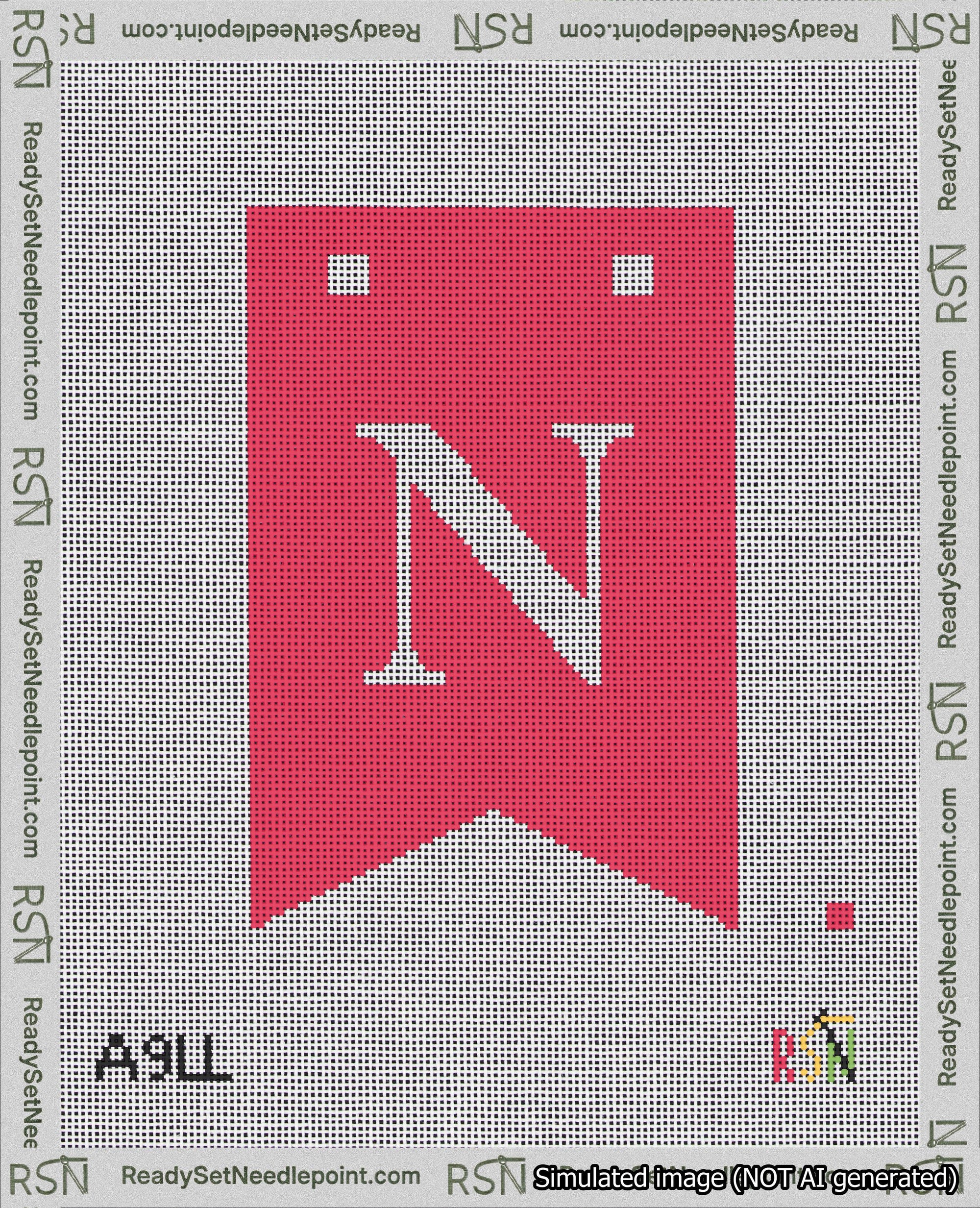 A taped needlepoint canvas with the design: Banner 18 mesh count Forked N White on Red.