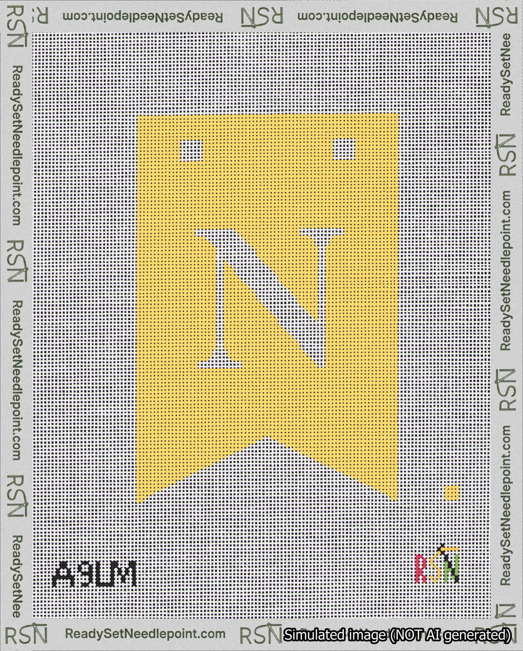 A taped needlepoint canvas with the design: Banner 18 mesh count Forked N White on Yellow.