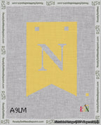 A taped needlepoint canvas with the design: Banner 18 mesh count Forked N White on Yellow.