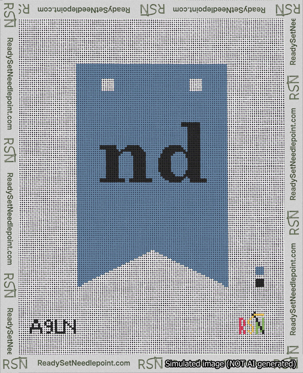 A taped needlepoint canvas with the design: Banner 18 mesh count Forked nd Black on Blue.