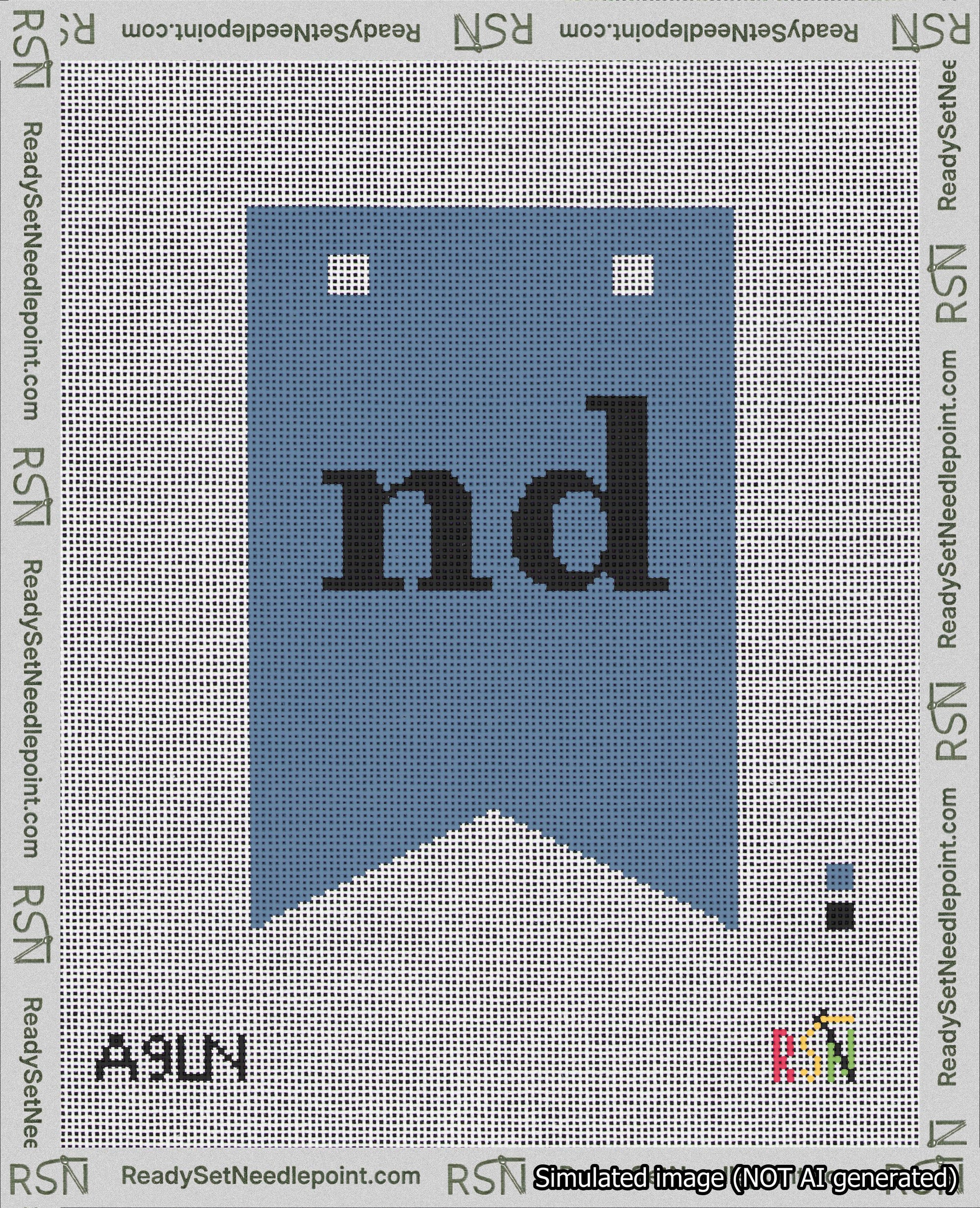 A taped needlepoint canvas with the design: Banner 18 mesh count Forked nd Black on Blue.