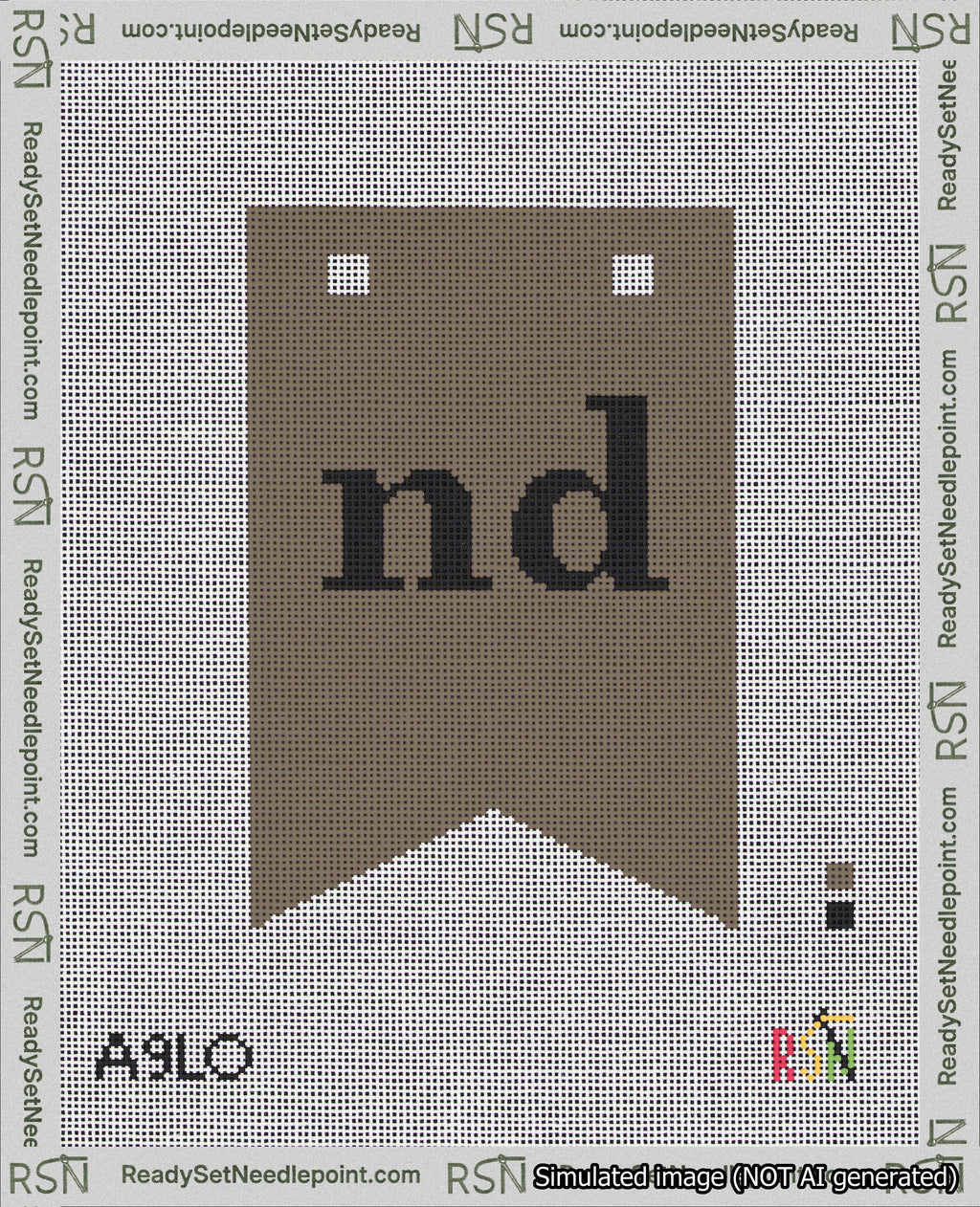 A taped needlepoint canvas with the design: Banner 18 mesh count Forked nd Black on Brown.
