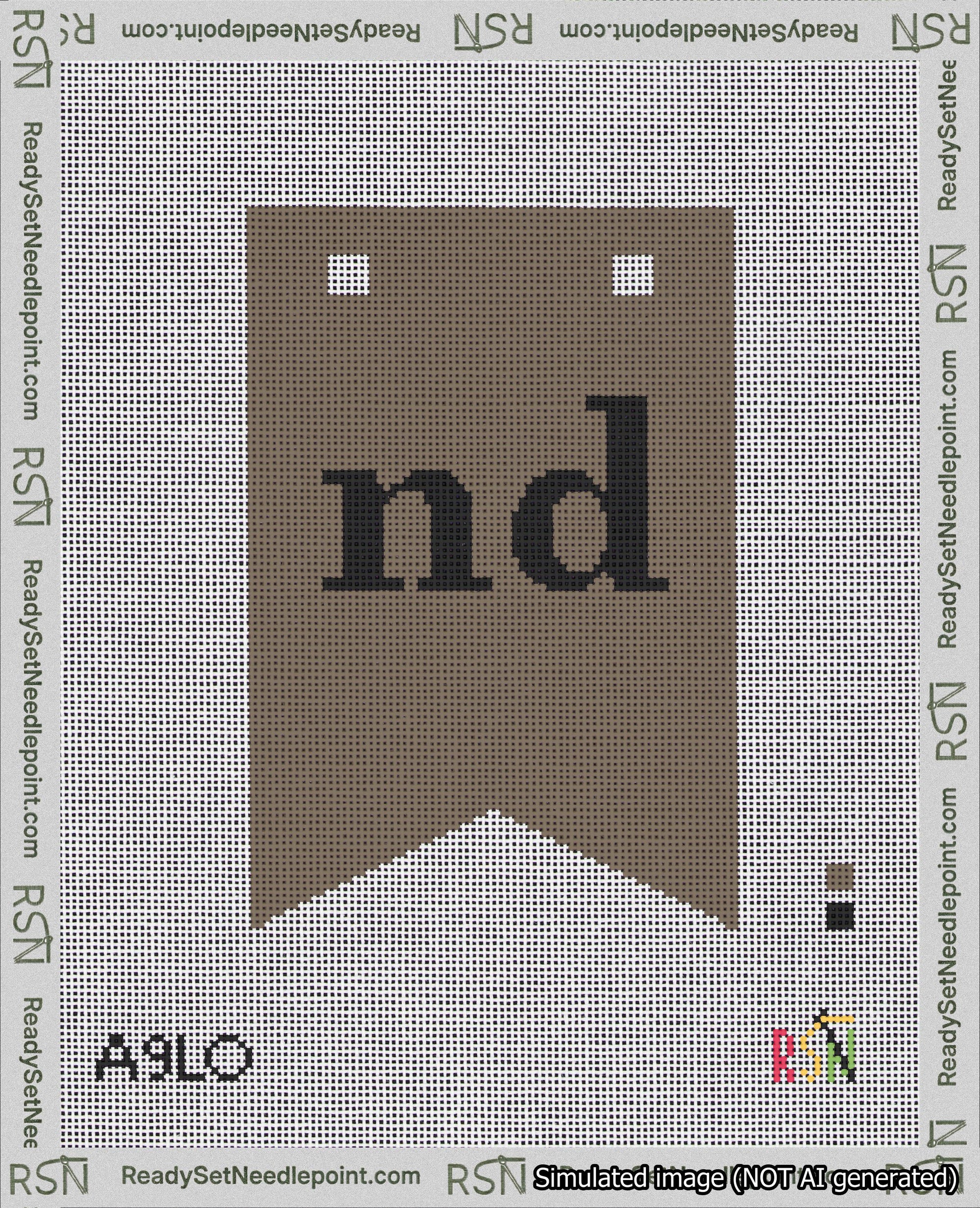 A taped needlepoint canvas with the design: Banner 18 mesh count Forked nd Black on Brown.