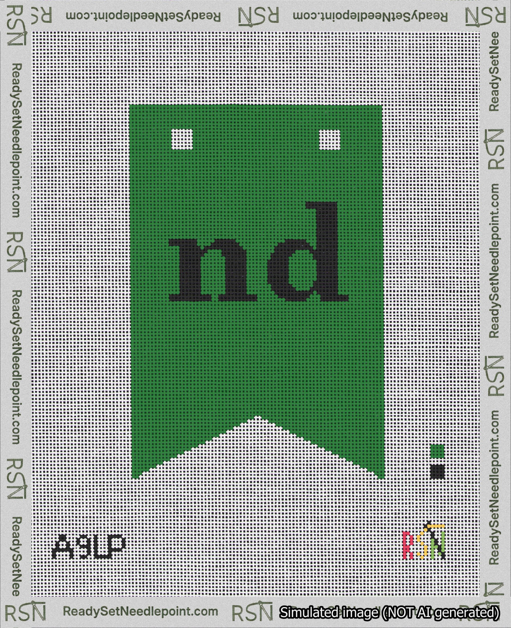 A taped needlepoint canvas with the design: Banner 18 mesh count Forked nd Black on Green.