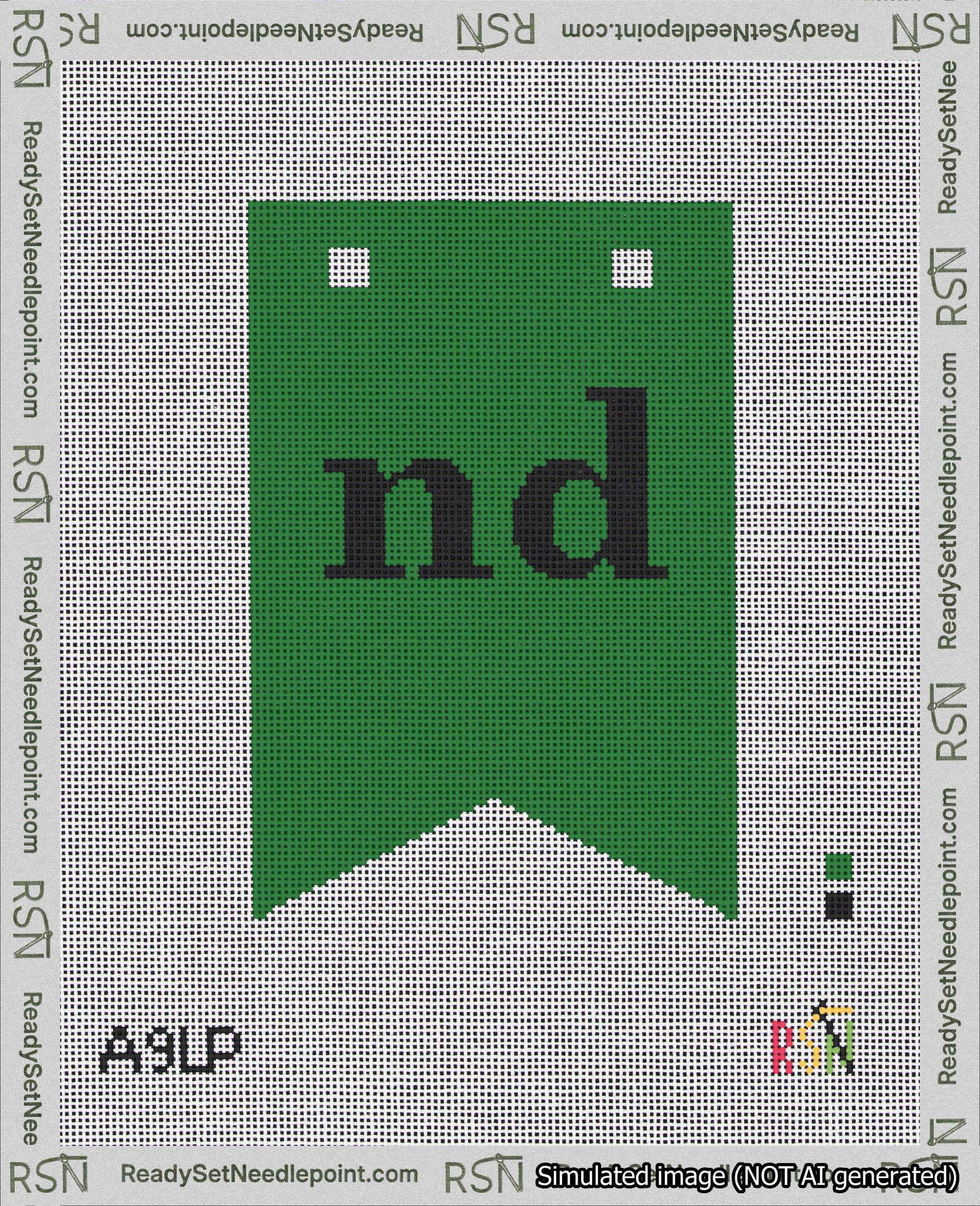A taped needlepoint canvas with the design: Banner 18 mesh count Forked nd Black on Green.