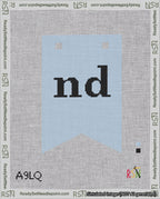 A taped needlepoint canvas with the design: Banner 18 mesh count Forked nd Black on Light Blue.