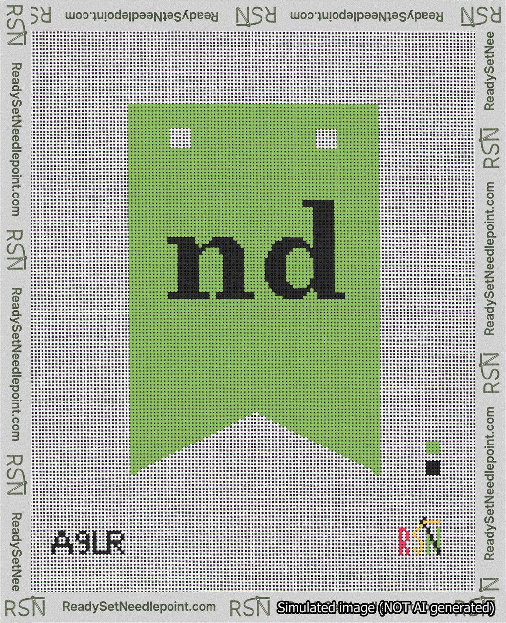 A taped needlepoint canvas with the design: Banner 18 mesh count Forked nd Black on Light Green.