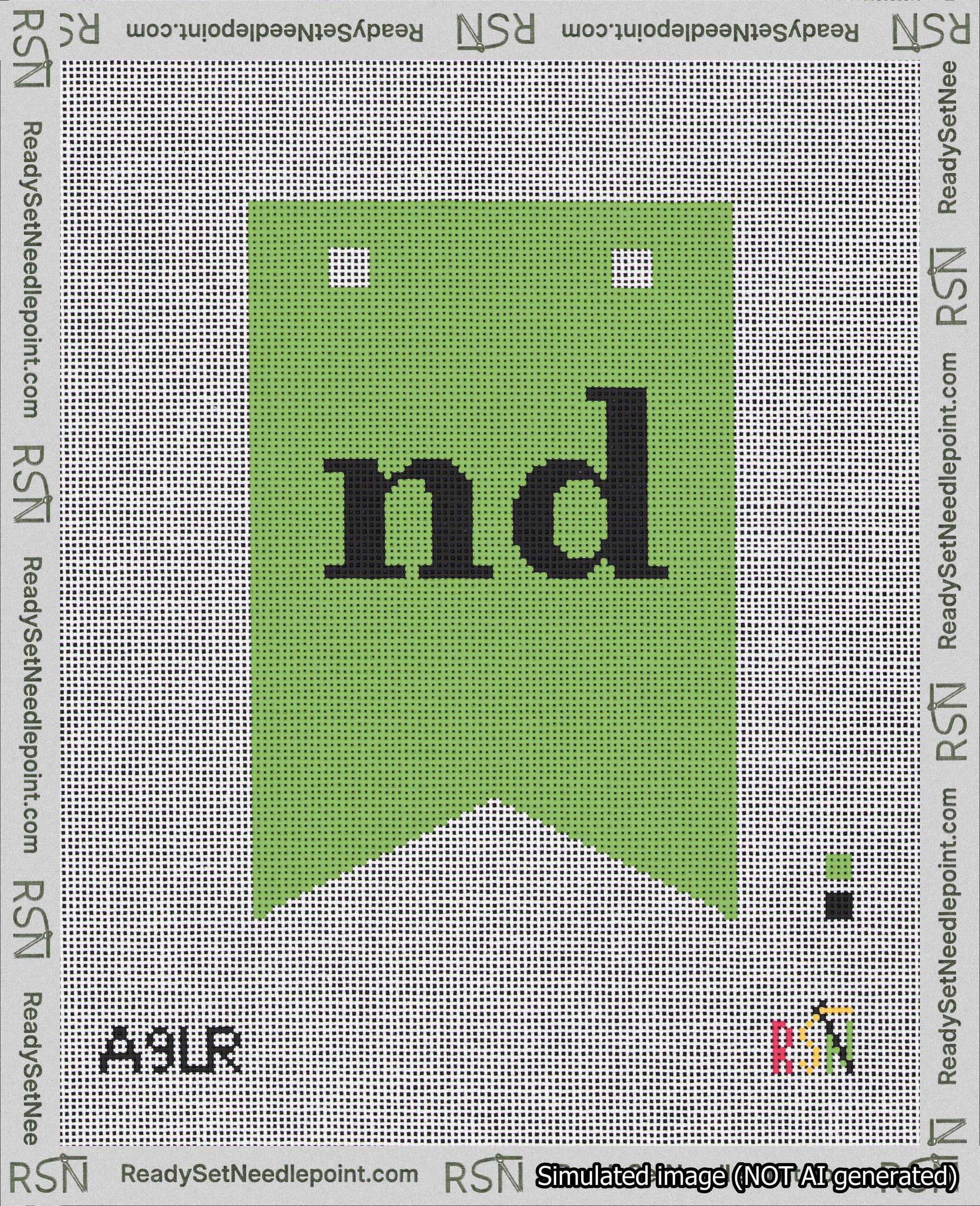 A taped needlepoint canvas with the design: Banner 18 mesh count Forked nd Black on Light Green.
