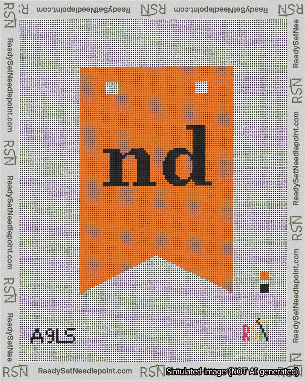 A taped needlepoint canvas with the design: Banner 18 mesh count Forked nd Black on Orange.