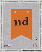 A taped needlepoint canvas with the design: Banner 18 mesh count Forked nd Black on Orange.